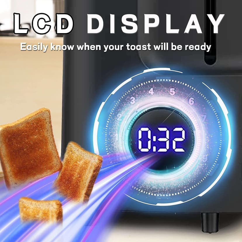 Toaster 2 Slice Wide Slot Toaster Best Rated Prime Displav Smart Toasters with LCD Digital Countdown Timer and Bagel/Defrost/Cancel/Reheat Function