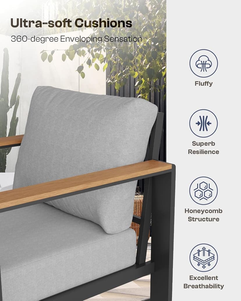 Aluminum Outdoor Patio Furniture Set with Coffee Table, 4 Piece Patio Conversation Sets with Washable Thick Cushions, Patio Sectional Furniture Set for Porch, Balcony, Deck, Gray