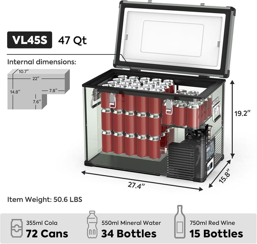 ICECO VL45 Portable Refrigerator with Battery, 47Qt/45L 12 Volt Refrigerator with SECOP, 0°-50°F 12v Fridge Freezer, 12/24VDC 110-240VAC, Electric Cooler for Car, RV, Camping| With 250Wh Battery