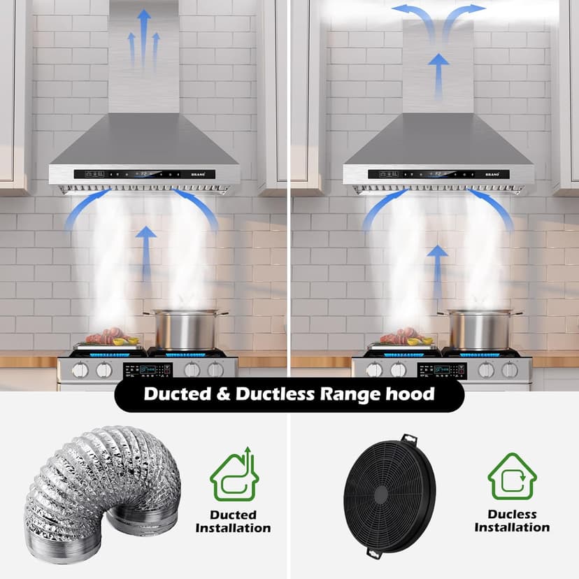 Wall Mount Range Hood 30 inch，900 CFM Kitchen Hood with Voice/Gesture/Touch Control，Vent Hood in Stainless Steel With Ducted/Ductless Convertible, 4 Speed Exhaust Fan