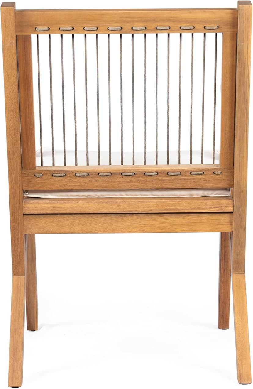 Christopher Knight Home Becker Outdoor Dining Chairs Set of 2 with Cushion, Acacia Wood Dining Room Armchair Set, Garden Chair Set with Handwoven Accent, Patio Dinners Comfy Extra Seat, Cream + Teak