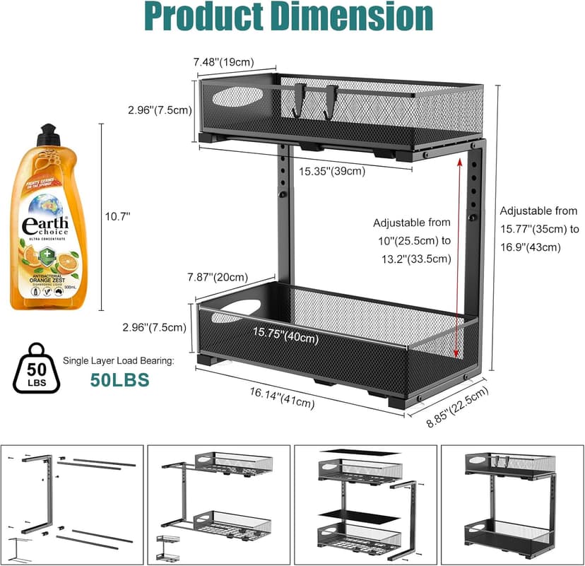 2 Pack Under Sink Organizer, 2 Tier Metal Pull Out Under Sink Storage with Sliding Mesh Drawers, Height Adjustable Slide Out Under Sink Organizer for Kitchen Bathroom Cabinet, Black