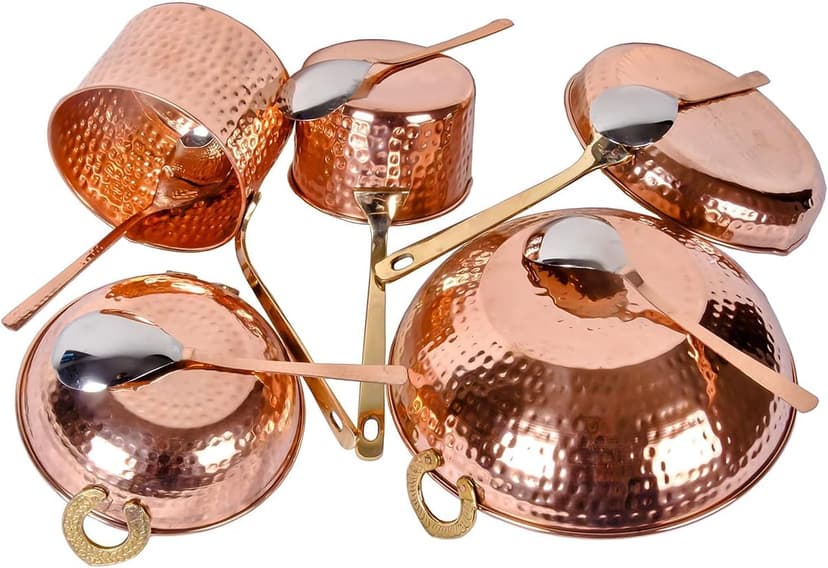 Pure Cookware 10 Piece Set with Serving Spoon (Sauce Pan | Copper Kadhai Set | Copper Fry Pan) with Brass Handle for Cooking Purpose