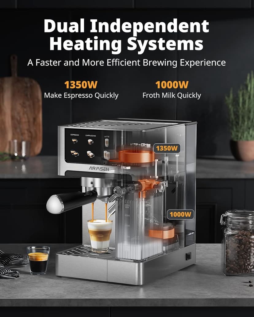AIRMSEN 20 Bar Espresso Machine with Automatic Milk Frother, Cappuccino & Latte Coffee Maker with Quick Brew Dual Boiler (1350W + 1000W), Stainless Steel, 60oz Water Tank, Touchscreen