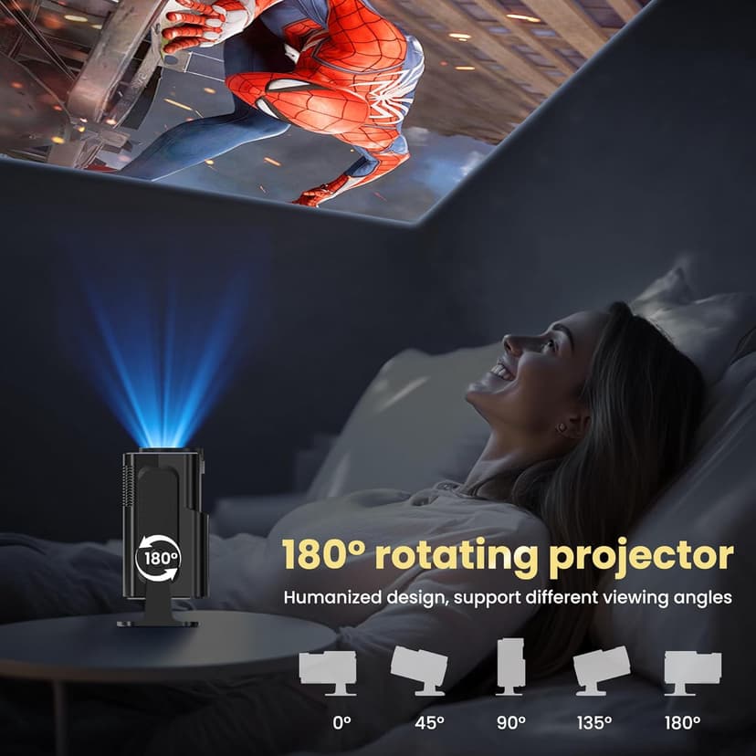 Smart Mini Projector with WiFi and Bluetooth,4k Portable Projector, 180° Rotating Adjustment with Android, Home Videoprojector with Auto Keystone Correction , Black