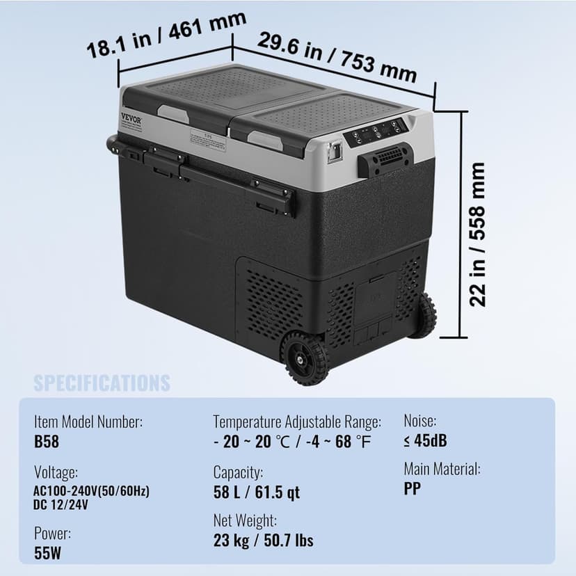 VEVOR Portable Car Refrigerator, 12 Volt Car Refrigerator Fridge, 58 L / 61.5 QT Dual Zone Portable Freezer, -4℉-68℉ Adjustable Temperature, Compressor Cooler for Home, Outdoor, Camping, RV, Car