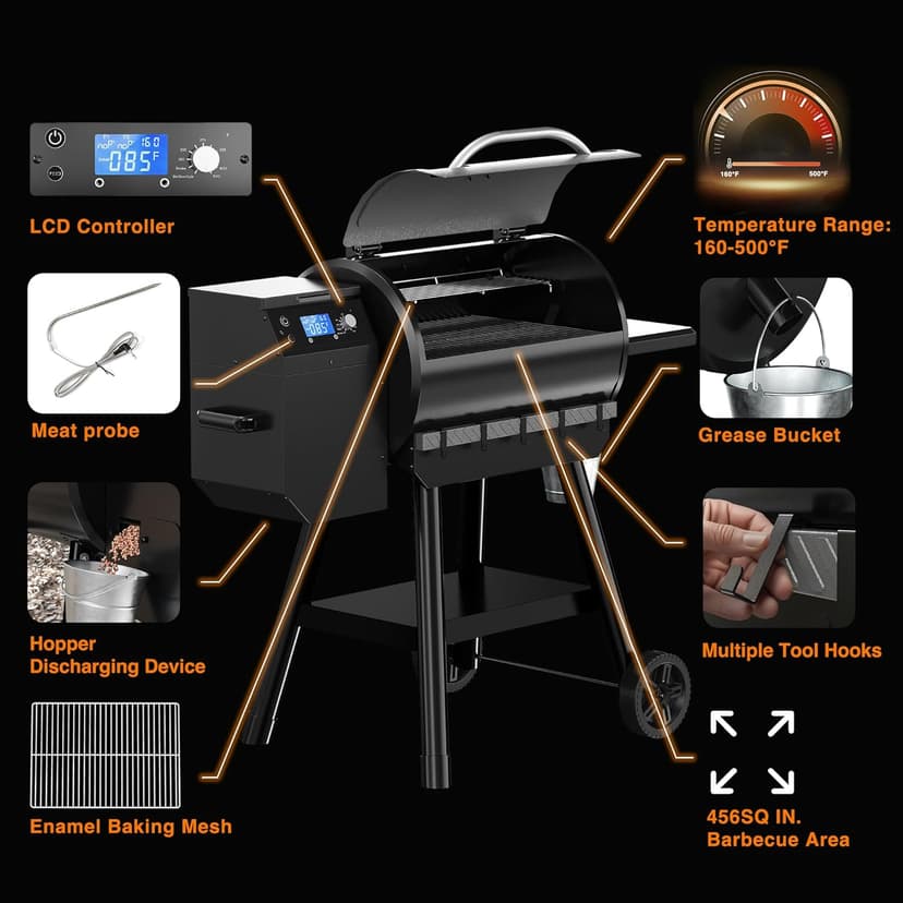 LCD Control Wood Pellet Smoker Grill, 456 SQ. IN Cook Area, Pellet Grill with Auto Feed & Leaking Waste, 500°F Max Temperature, 8 in 1 BBQ Grill with Meat Probe, Side Table with Hooks(Black)