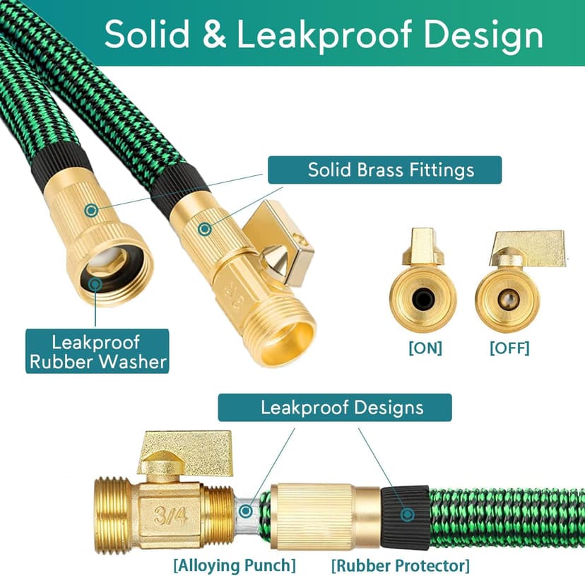 100 ft Expandable Garden Hose - 2025 New No Kink Flexible Water Hose 100ft with 10 Pattern Spray Nozzle, 3/4 Solid Brass Connectors, Retractable Latex Core - Lightweight Expanding Hose