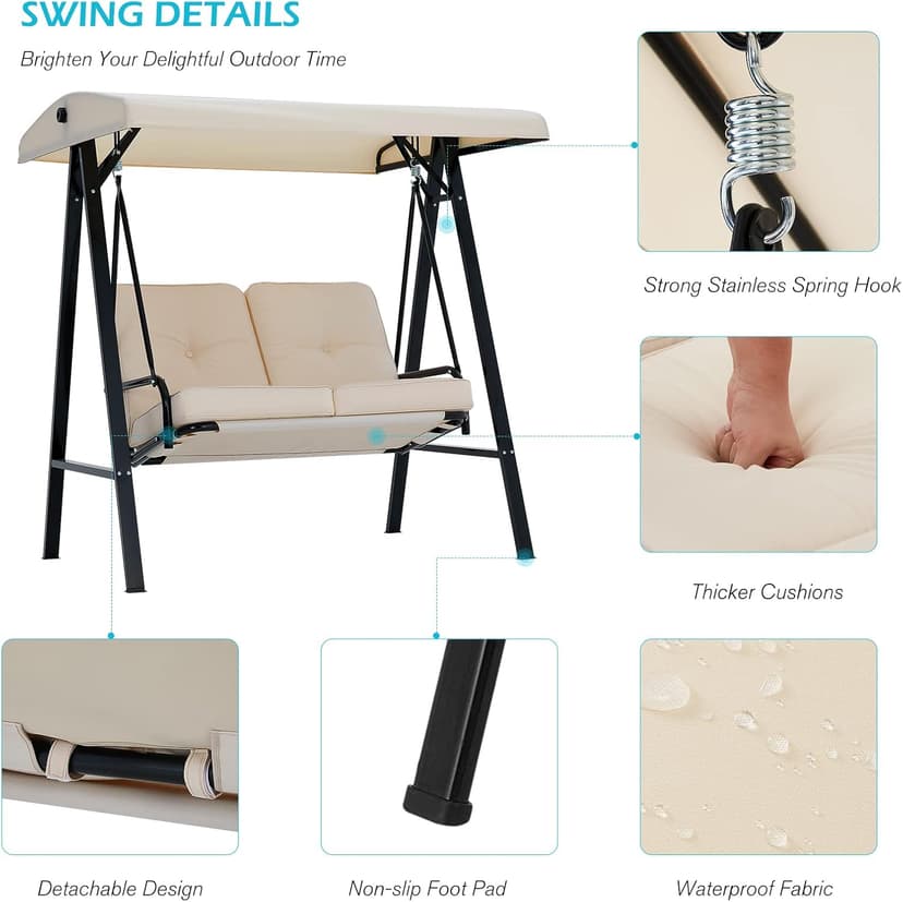 AECOJOY Outdoor Patio Swing Chair for Adults, 2-Seat Porch Swings with Adjustable Canopy, Outside Swing Bench with Removable Cushion, Suitable for Backyard, Garden, Yard, Poolside, Balcony (Beige)