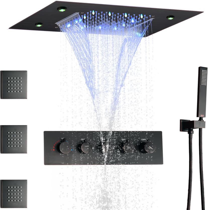 14 X 20 Inch Ceiling LED Rain Shower Head With Body Jets Large Luxury Rainfall Shower System Thermostatic Mixer Set Kit Included (Oil Rubbed Bronze)