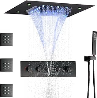 14 X 20 Inch Ceiling LED Rain Shower Head With Body Jets Large Luxury Rainfall Shower System Thermostatic Mixer Set Kit Included (Oil Rubbed Bronze)