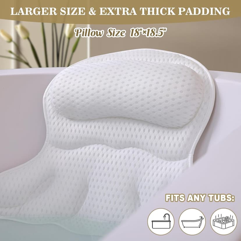 Bath Pillow Luxury Bathtub Pillow, Extra Soft & Comfortable Bath Pillows for Tub Head Neck and Back Support, with 4D Air Mesh Cushions & Non-Slip Suction Cups - Bath Accessories Spa Gifts for Women
