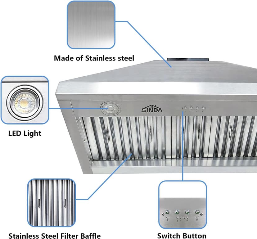 SINDA 54 Inch Built-In/Insert Range Hood, 4-Speed 1260 CFM, Stainless Steel Under Cabinet Range Hood Kitchen Vent Hood with Liner and Internal Motor, 8" Duct, Adjustable Lights, Baffle Filter