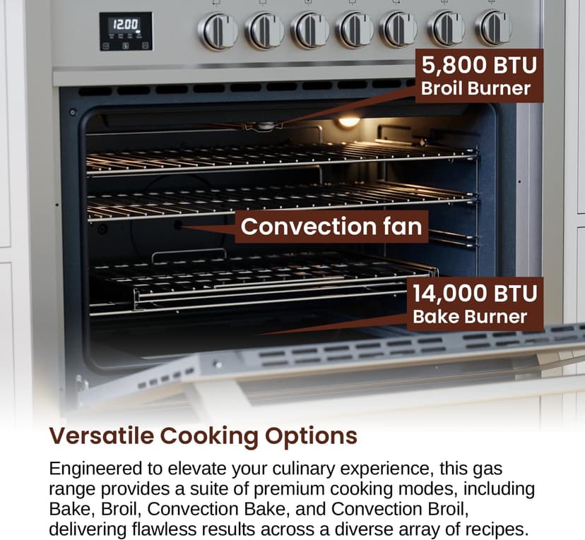 RRG361TS 36" Gas Range, 5 Sealed Burners, 4.3 cu. Ft. Capacity, Freestanding Slide-in Convection Oven, Easy Reach Racks, Clock and Timer, Stainless Steel