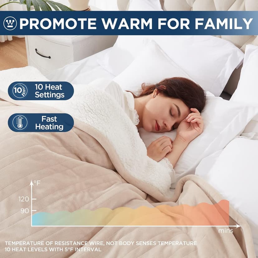 Westinghouse Electric Blanket King, Heated Blanket King Size with 10 Heating Levels and 1 to 12 Hours Heating Time Settings, Flannel to Sherpa Reversible, Machine Washable (90" x 100", Beige)