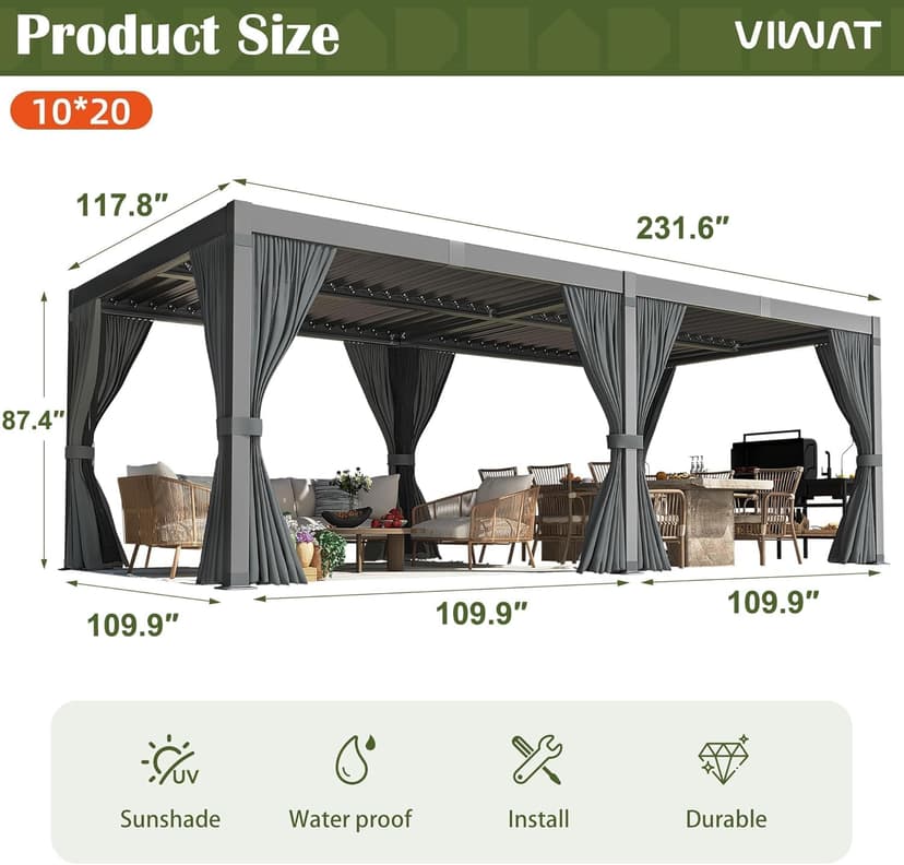 Aluminum 10x20 FT Louvered Pergola, Outdoor Pergola with Adjustable Louvered Roof Outdoor Patio Shade Cover, Waterproof & Rustproof Aluminum Gazebo for Backyard and Garden, Gray