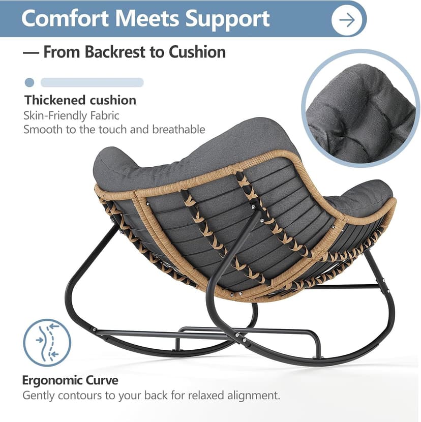 SWITTE Outdoor Rocking Chair, Oversized Patio Papasan Rocker, Comfy Wicker Reading Lounge, Indoor Egg Chair for Bedroom, Living Room, Porch, Garden, Lawn-Dark Grey