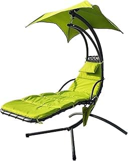 BalanceFrom Hanging Curved Chaise Lounge Chair Swing with Cushion, Pillow, Canopy, Stand and Storage Pouch, 330-Pound Capacity