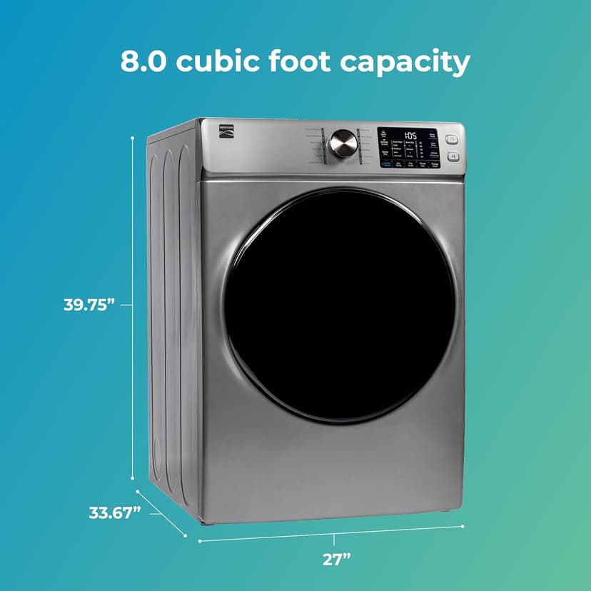 Kenmore 2682273 Front Load Electric Dryer with Steam, Wrinkle Guard, Energy Saver, Smart Sensor Drying System, 8.0 cu. ft. Total Capacity, Metallic Silver