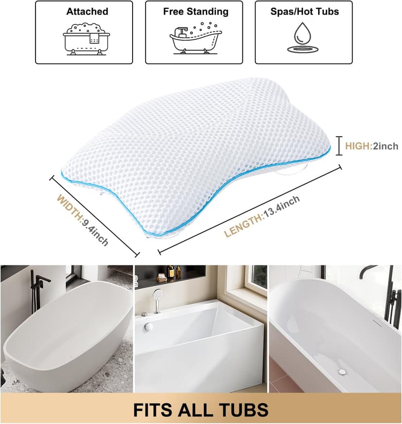 Non Slip Bath Pillow, Luxury Spa Bathtub Head & Neck Rest Support, Permeable Quick Drying Air Mesh Tub Pillow with 4 Large Suction Cups, Fits Any Tubs, Soft and Relaxing