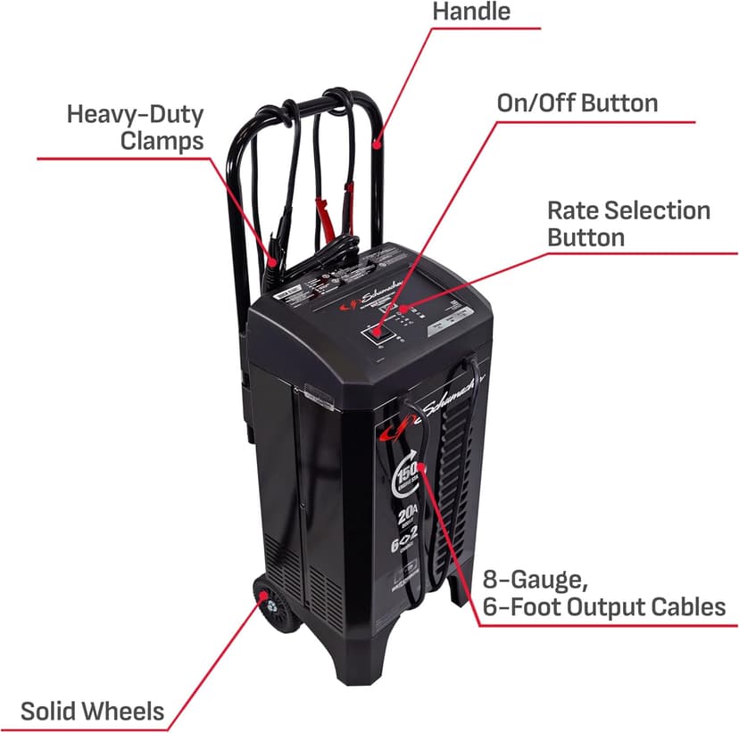 Schumacher Electric 150A 12V Wheeled Battery Charger/Engine Starter for Cars, Trucks & RVs - Automatic Car Battery Charger/Maintainer - with 20A Boost Mode & 6A Charge / 2A Maintain Mode - SC1364