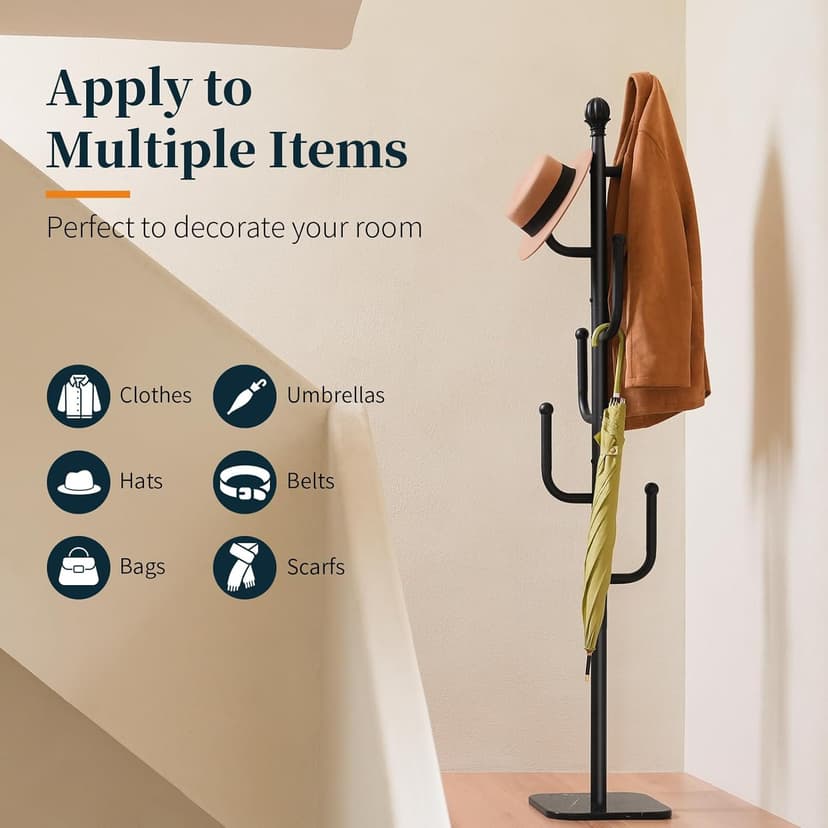 Yoobure Coat Rack Freestanding with Natural Marble Base - Cactus Coat Tree with 6 L-shaped Hooks, Heavy Duty Coat Hanger Stand, Metal Coat Rack Stand for Entryway, Hall Tree for Jacket/Hat/Clothes/Bag