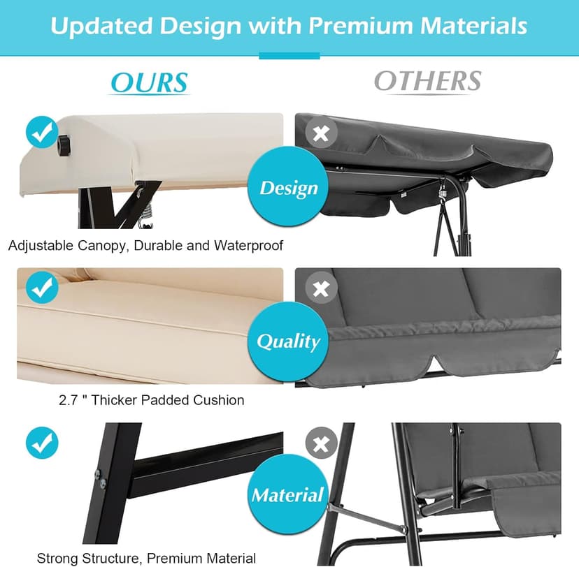 AECOJOY Outdoor Patio Swing Chair for Adults, 2-Seat Porch Swings with Adjustable Canopy, Outside Swing Bench with Removable Cushion, Suitable for Backyard, Garden, Yard, Poolside, Balcony (Beige)