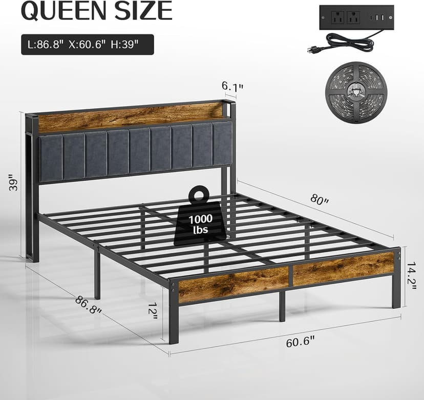 Queen Bed Frame with Headboard, Metal Platform Bed with Smart LED Lights and USB Charging Station, Easy Assembly, No Box Spring Needed