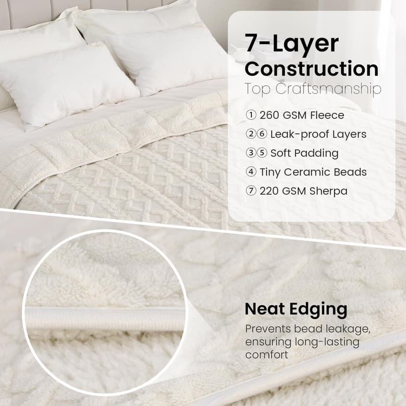 Drewin Weighted Blanket 15lbs Queen Size, Soft and Thick Jacquard Sherpa Heavy Blanket for Calming and Relax, Dual Sided Ultra Soft Fuzzy Throw Blanket with Ceramic Beads, 60 x 80 inches, Cream White