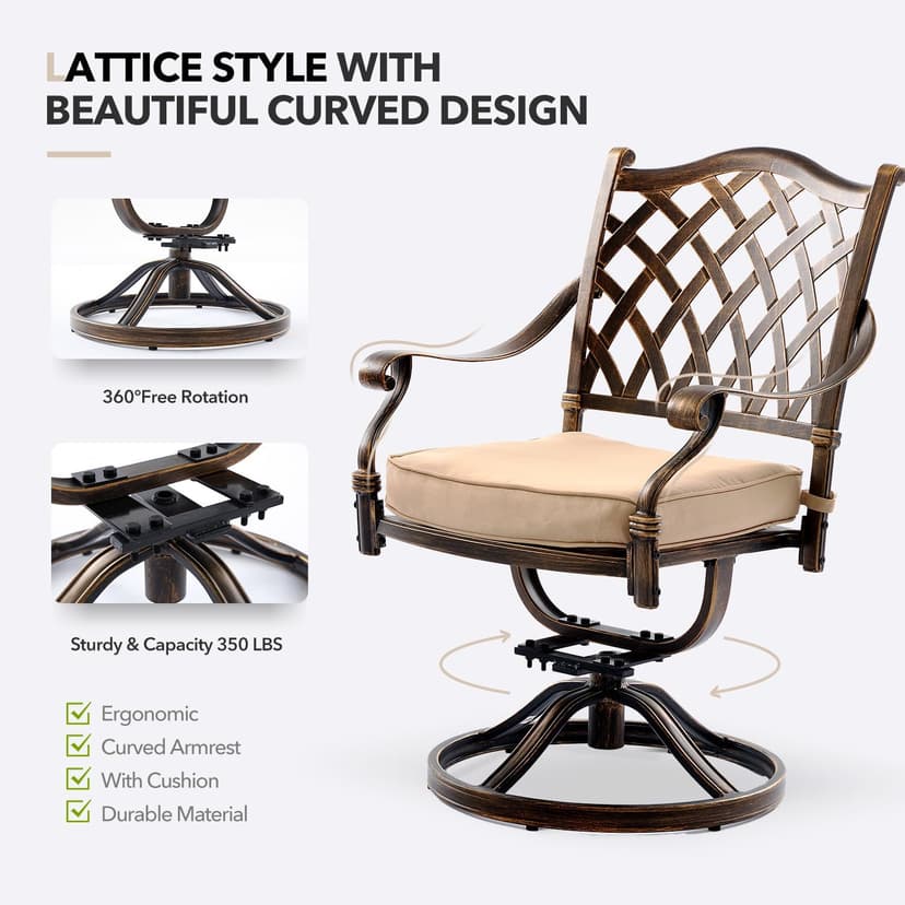 7 Piece Outdoor Dining Set Cast Aluminum, Retro Patio Dining Furniture Set for 6 Includes 59” Rectangular Table 2 Swivel Chairs with Thicker Cushions and Umbrella Hole for Patio Deck Garden