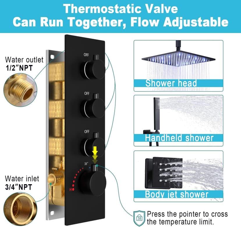 HOMEDEC 12inch Rain Shower System with Full Body Jets Sprays, Ceiling LED Brass Shower Faucet Set with 3 Functions Thermostatic Valve, Can Use All Function At Once