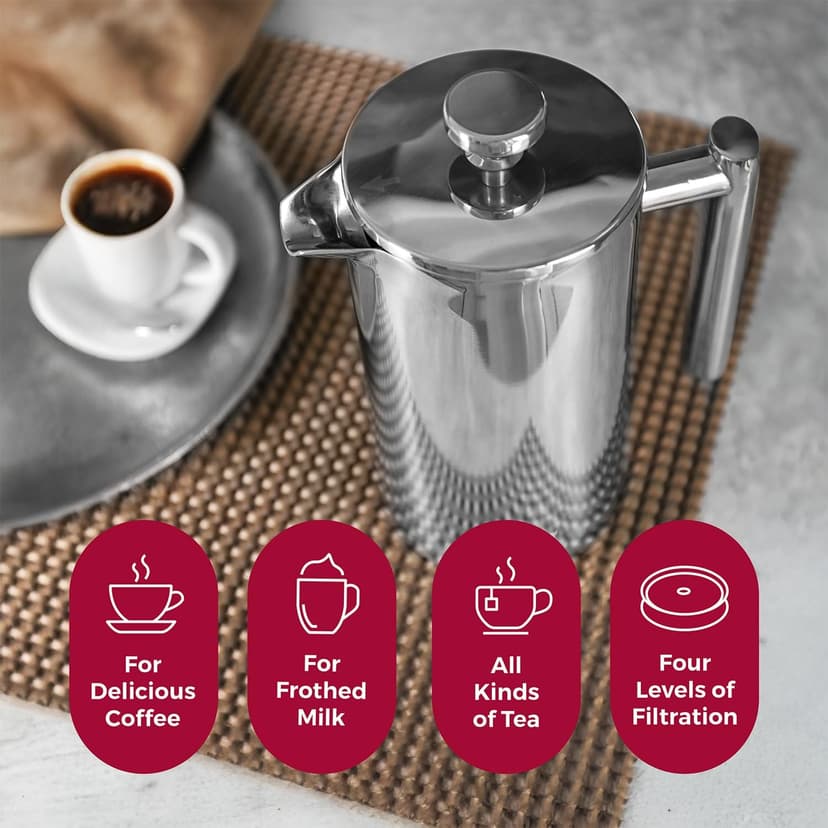 MuellerLiving French Press Coffee Maker 34oz, Stainless Steel French Press Coffee, 4 Filter Heat Resistant Double Insulated, Rust-Free, Food Grade, Dishwasher Safe Coffee Pot
