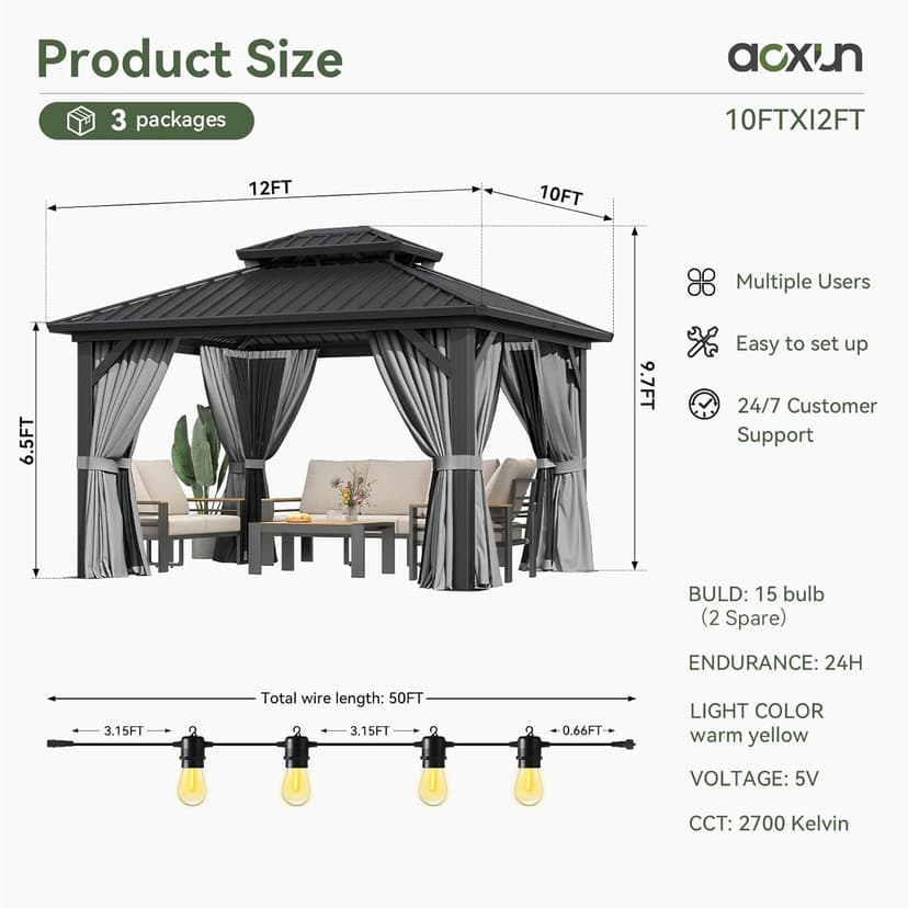 Aoxun 12'x10' Hardtop Gazebo with Light, Aluminum Frame Permanent Pavilion with Curtains and Netting, Outdoor Galvanized Double Roof Canopy, Designed for Garden, Lawns, Patio