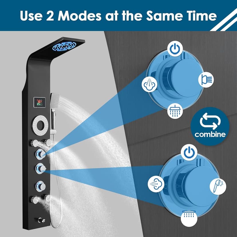 ROVOGO Shower Panel Tower System with Rainfall Mist Shower Head, Body Jets, Handheld and Tub Spout, Led Lights and Temp Display No Battery Needed, Unibody Shower Column 304 Stainless Steel Black