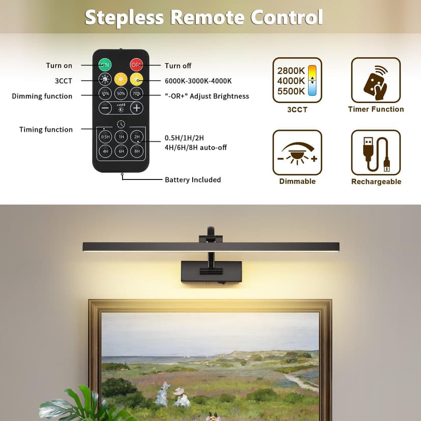 Wireless Picture Lights for Wall Battery Operated, Black Art Lighting for Paintings Rechargeable Gallery lights with Remote and Timer 3CCT Dimmable Painting Lights for Artwork Portrait 23.62 inch