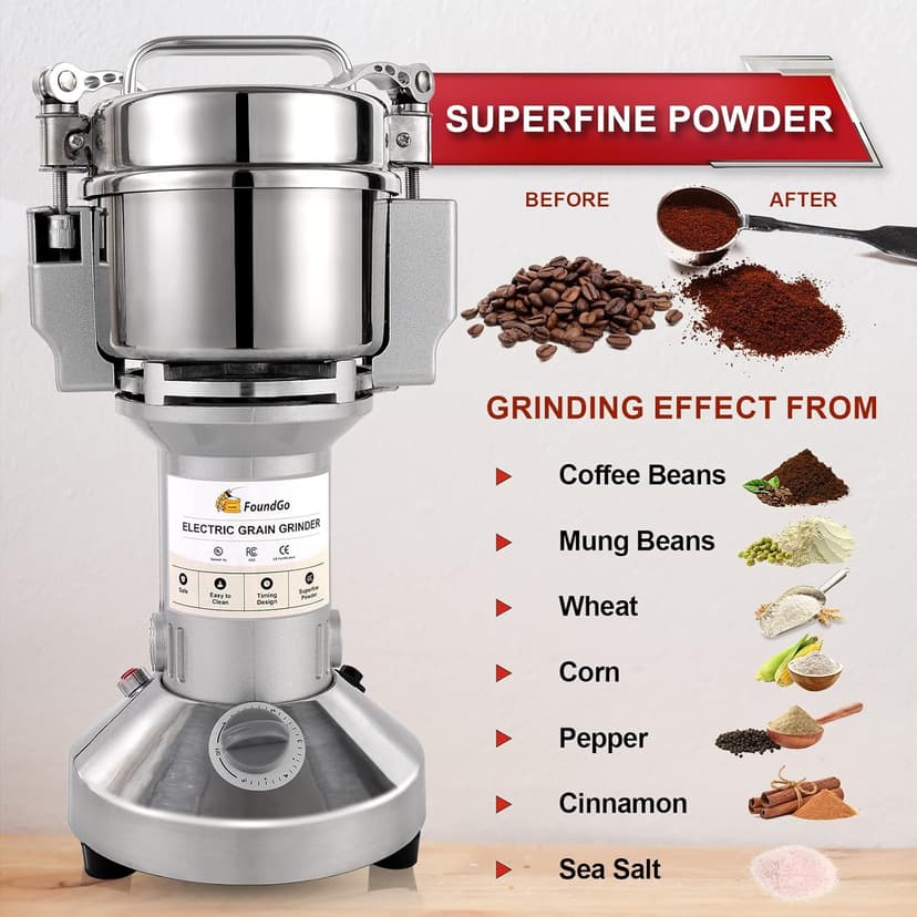 FoundGo Electric Grain Mill 10.6oz/300g Commercial Grain Grinder Stainless Steel Powder Grinding Machine 25,000rpm Pulverizer for Spice/Coffee/Flour/Pepper/Herb Superfine (300g, Standing)