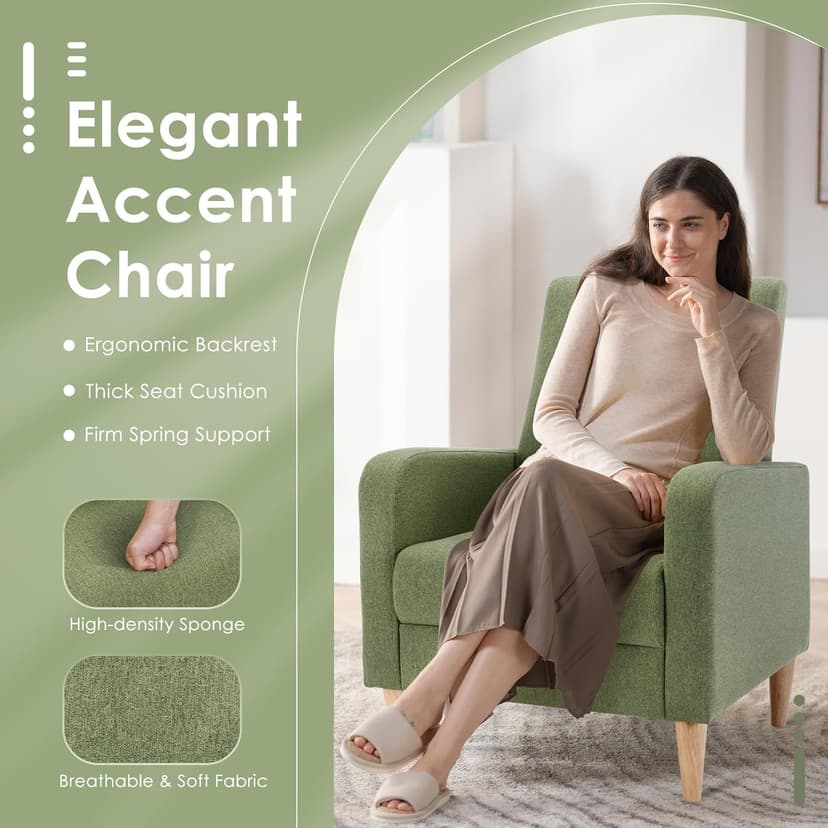 COLAMY Accent Living Room Chairs Set of 2, Upholstered Fabric Arm Chair Reading Side Chair with Back Pillow and Wood Legs, F-Green