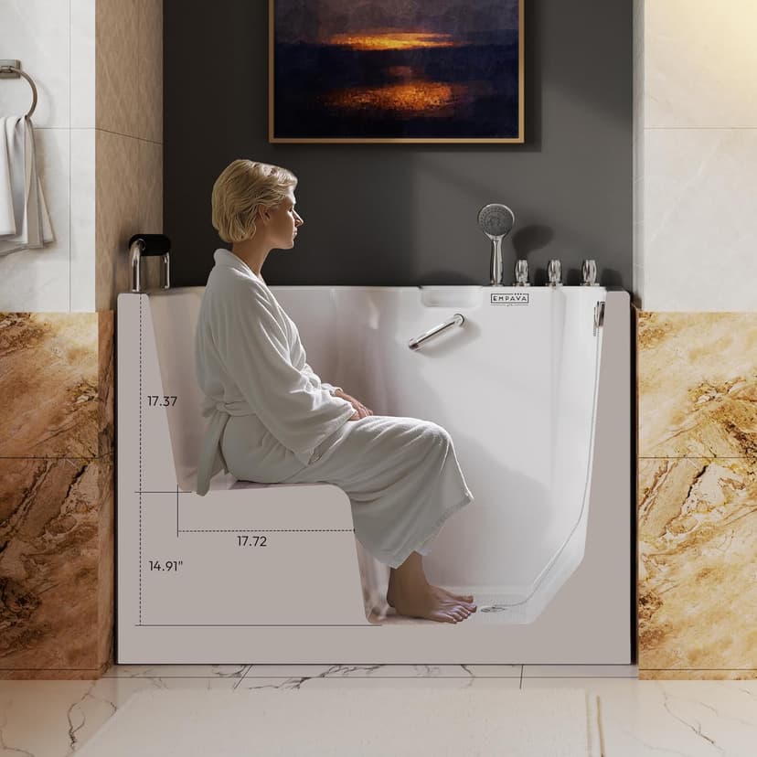 Empava Walk-In Tub, Japanese Soaking Bath, Right Outward Door, Low Threshold, Slip-Resistant, Built-in Seat, Fast Drain, Handrails, Easy Access for Seniors & Mobility-Impaired,54"
