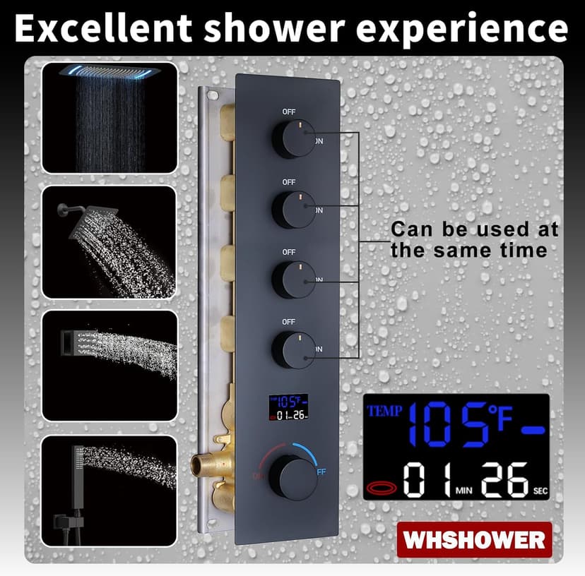 Matte Black Dual Shower Heads Shower System with 26"X16" LED Rainfall Shower Head and 8" Side Showerhead,Digital Display Shower Faucet Set with 6 PCS Body Jets and Handheld Spray