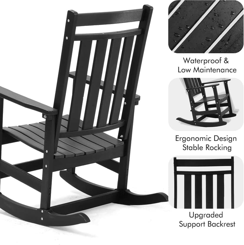 Oversized Outdoor Rocking Chairs Set of 2,All Weather Rocker Chair with More Comfortable Seat Panel for Porch Patio Outside(Black)
