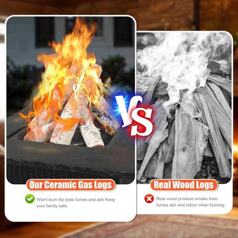 QuliMetal 6PCS Ceramic White Birch Gas Fireplace Logs Set – Realistic Fake Wood Logs for Indoor Inserts, Outdoor Fire Pits, Vented, Propane, Gel, Ethanol, and Electric Fireplaces