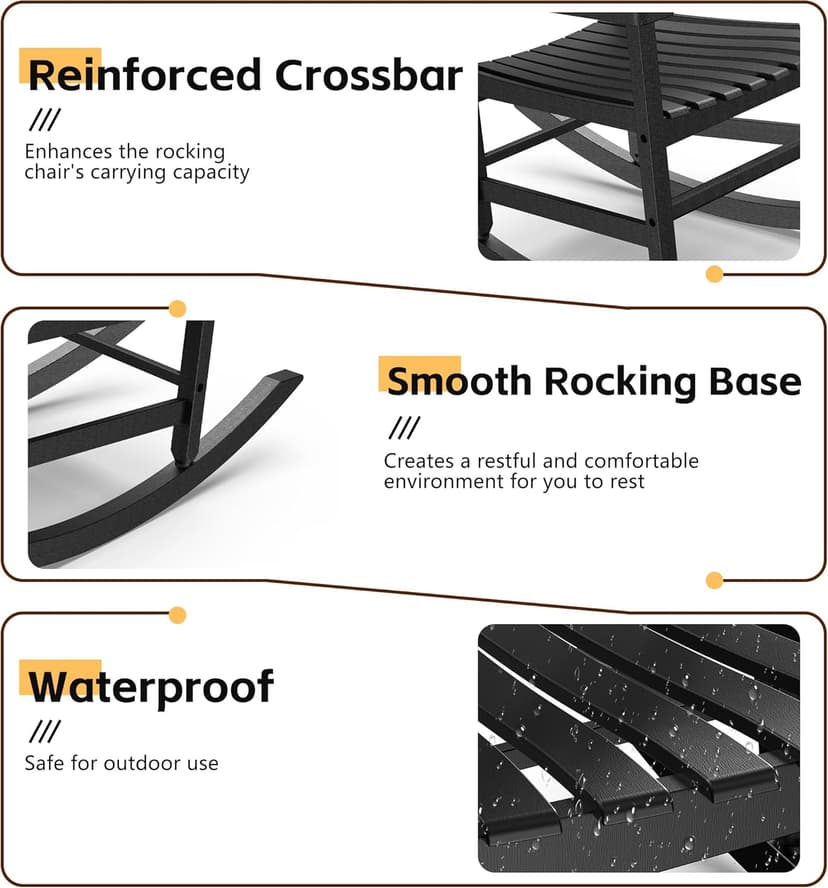 Patio Rocking Chair Outdoor Set of 2,Weather Resistant Poly Resin Oversized Porch Rocker,High Back Smooth Design,350lb Weight Capacity,Indoor Outdoor Use(2,Black)
