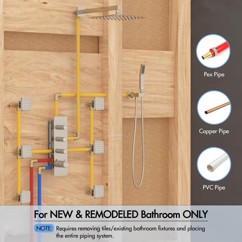 Shower Jets System, 12 Inch Thermostatic Rainfall Shower System with 6 Body Spray Jets (Can All Run Together) Full Body Spray Shower System, Shower Valve Included, Brushed Nicke