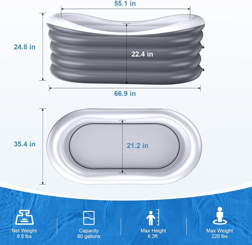 BINYUAN Inflatable Bathtub for Adults - Portable Collapsible Spa Tub with Electric Pump, Hot & Ice Bath Design, Foldable for 1-2 People, Durable PVC - Easy Inflate/Quick Drain