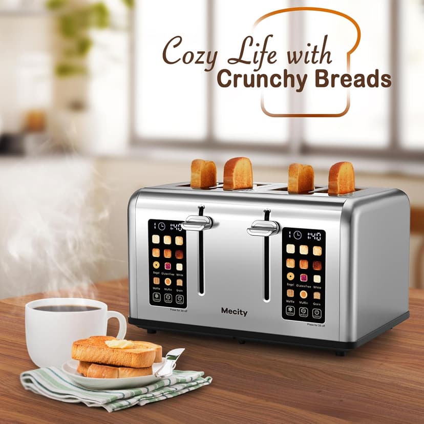 Mecity 4 Slice Toaster with Touch Screen Control, 4 Wide Slots, Stainless Steel Smart Bread Toaster for Bagels, Muffins, Waffles, Dual Control Panel, Timer, Defrost, Reheat, 120V 1650W