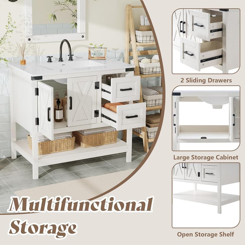 AMERLIFE 36" Farmhouse Bathroom Vanity with Sink Combo, Wood Barn Door Freestanding Small Single Bath Storage Cabinet Set with Sliding Drawers & Open Shelf, Paper Towel Holder, Antique White