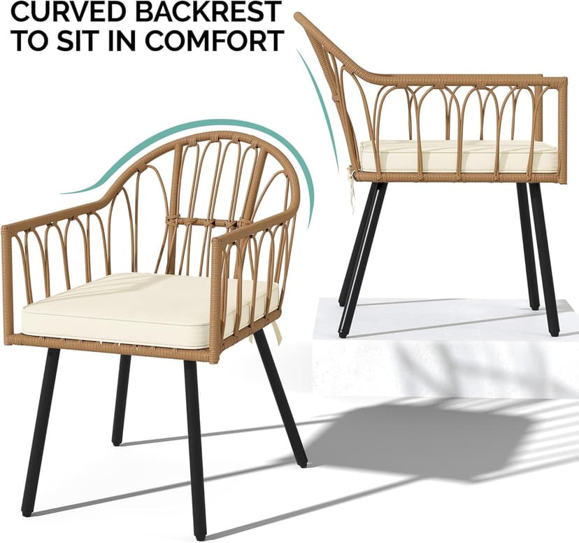 YITAHOME Bistro Chairs Set of 4 Rattan Outdoor Dining Chairs with Arms & Cushions Woven Rattan Chair with Curved Backrest All-Weather Wicker Patio Dining Chair for Patio or Restaurant, Beige