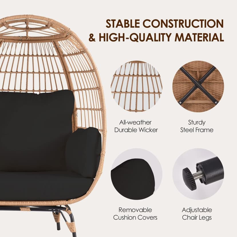 Oversized Wicker Egg Chair Set of 2, Outdoor Indoor Lounger with 4 Cushions, 440lb Capacity, Egg Basket Chair for Living Room, Backyard, Balcony, Patio, Black