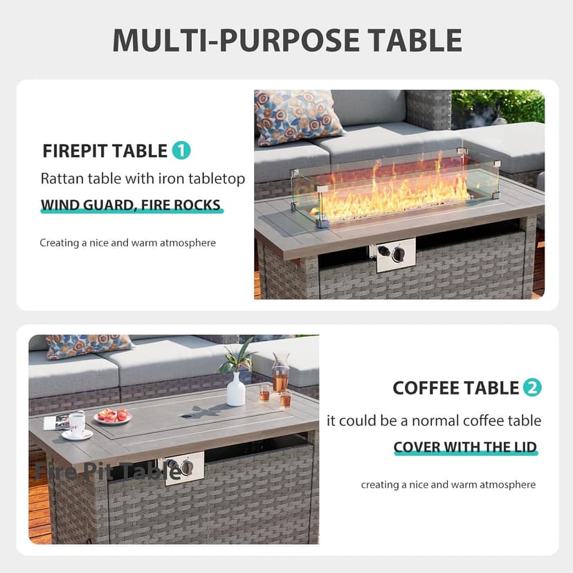 Fire Pit Table with Wind Guard for Outdoor, Auto-Ignition Propane Gas Firepits Rattan Rectangular Table for Outside Patio 60,000 BTU, Gray