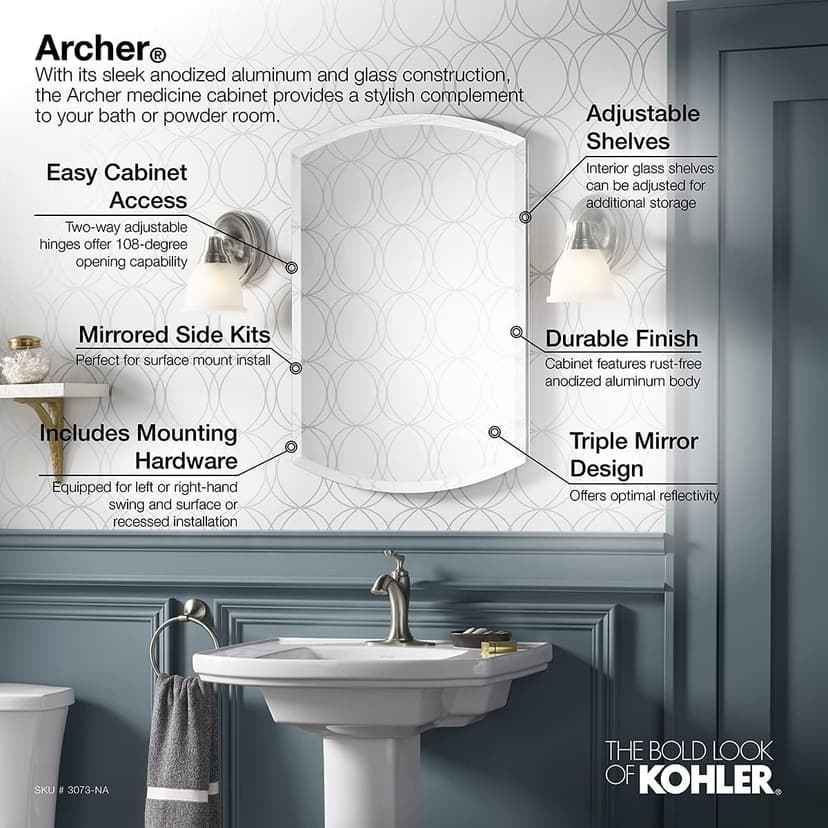 KOHLER 3073-NA Archer 20" W x 31" H Aluminum Single-Door Bathroom Medicine Cabinet with Mirror, Recessed or Surface Mount Bathroom Wall Cabinet, Beveled Edges